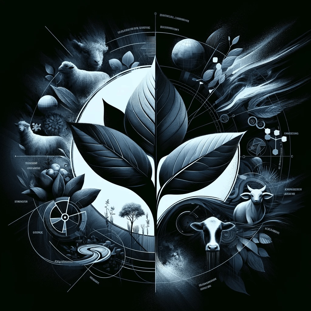 A plant leaf surrounded by a circle of animals and dairy products